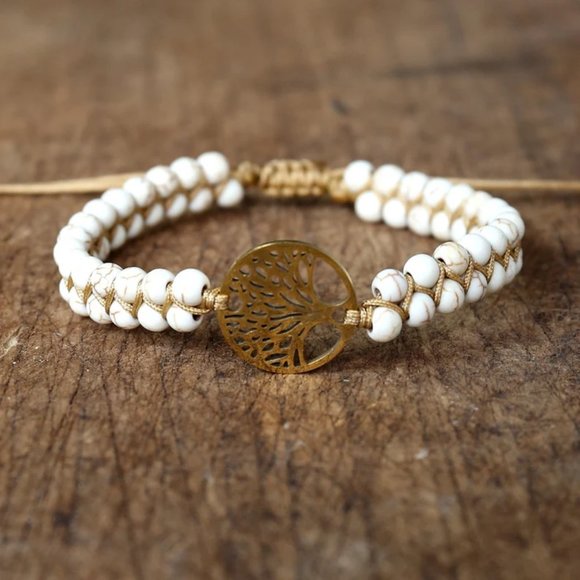 Natural African Stone Bead Bracelet & Bangle with Tree of Life Braided Charm - Picture 3 of 7